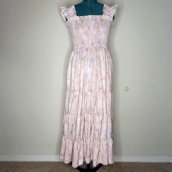 Melloday Sleeveless Pastel Watercolor Tiered Maxi Dress Spring Pockets Sz L NWOT - Picture 1 of 8